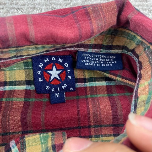 Panhandle Slim Shirt Men Medium Red Yellow Blue Green Plaid Button Down Western - Picture 3 of 6